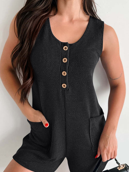 Texture Wide Strap Romper with Pockets