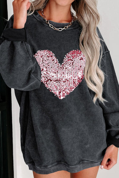 Valentine’s Day Sequin Heart Round Neck Long Sleeve Sweatshirt