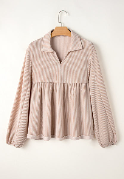 Corded Johnny Collar Long Sleeve Babydoll Blouse