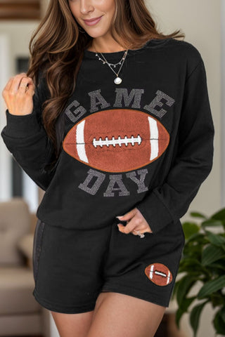 GAME DAY FAUX Football Round Neck Long Sleeve Top and Shorts Set