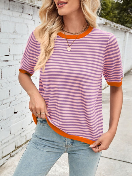 Striped Contrast Round Neck Half Sleeve Knit Top