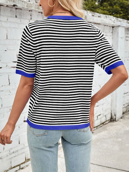 Striped Contrast Round Neck Half Sleeve Knit Top