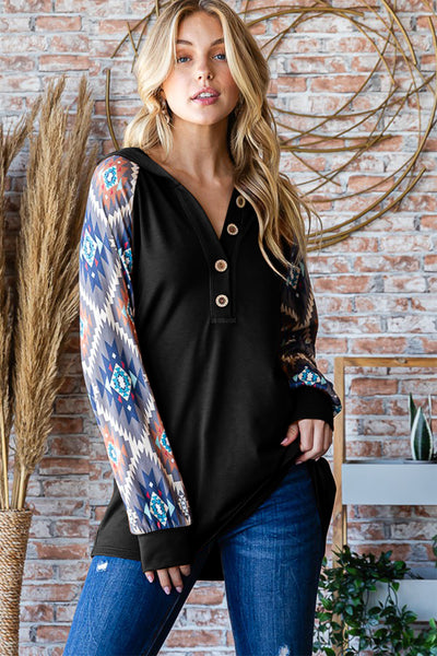 Half Button Printed Long Sleeve Hooded Top