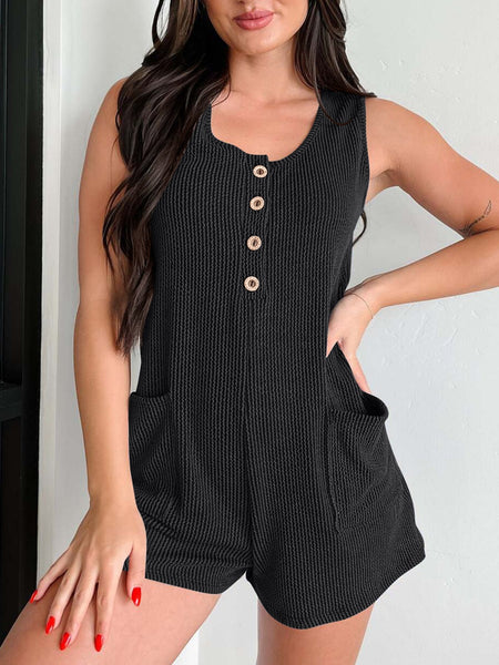 Texture Wide Strap Romper with Pockets