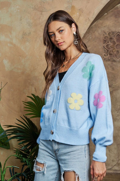 Flower Button Down Lantern Sleeve Cardigan