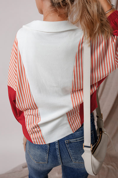 Striped Johnny Collar Long Sleeve Sweatshirt