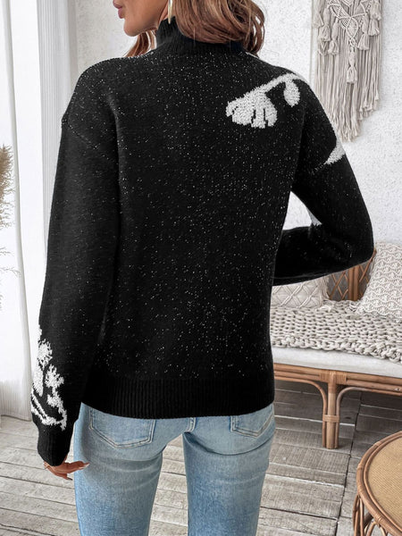 Flower Mock Neck Long Sleeve Sweater