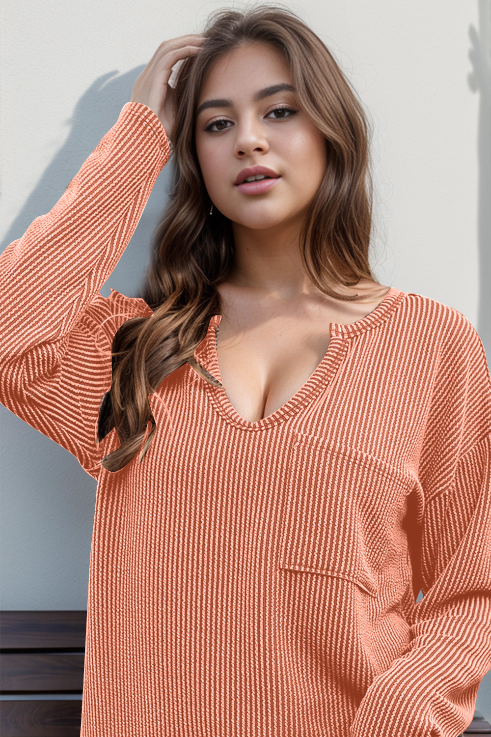 Striped Notched Long Sleeve T-Shirt