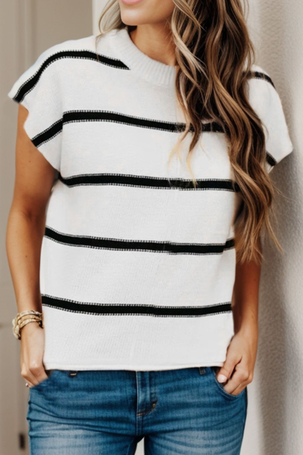 Striped Round Neck Cap Sleeve Sweater