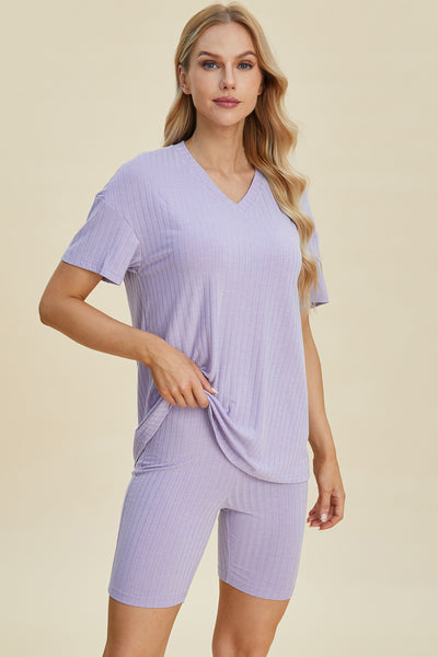 Ribbed V-Neck Short Sleeve Top and Shorts Set