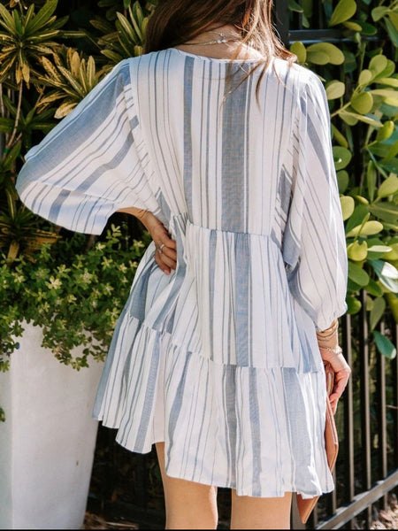 Tassel Striped Tie Neck Sleeve Dress