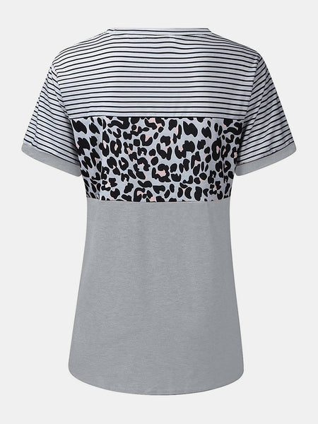 Full Size Striped Leopard Round Neck Short Sleeve T-Shirt