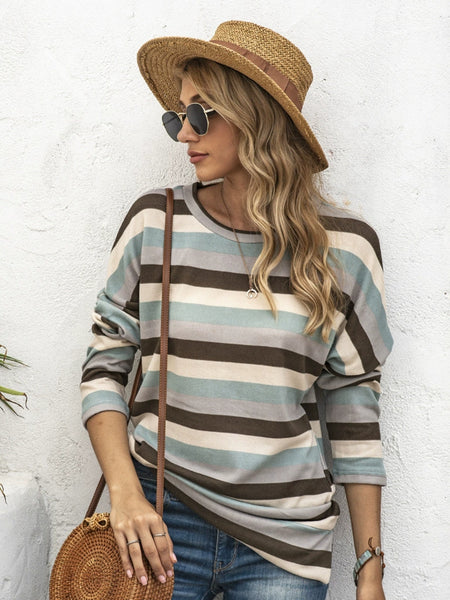 Full Size Striped Round Neck Long Sleeve T-Shirt Plus Size