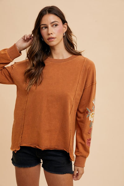 Embroidered Long Sleeve French Terry Top