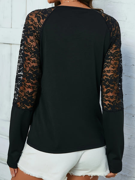 Lace Notched Long Sleeve Blouse