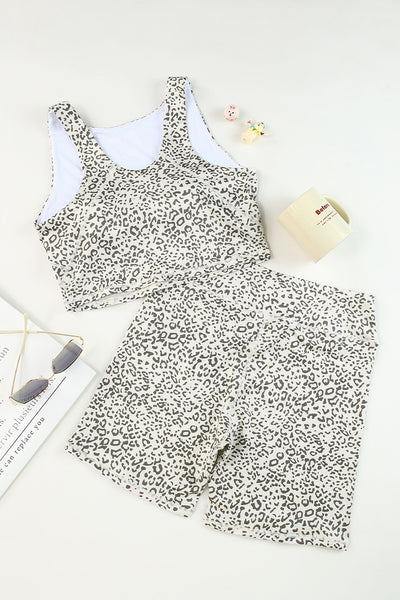 Leopard Round Neck Wide Strap Top and Shorts Set