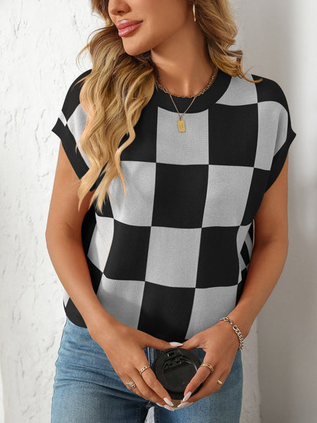 Checkered Round Neck Cap Sleeve Knit Top