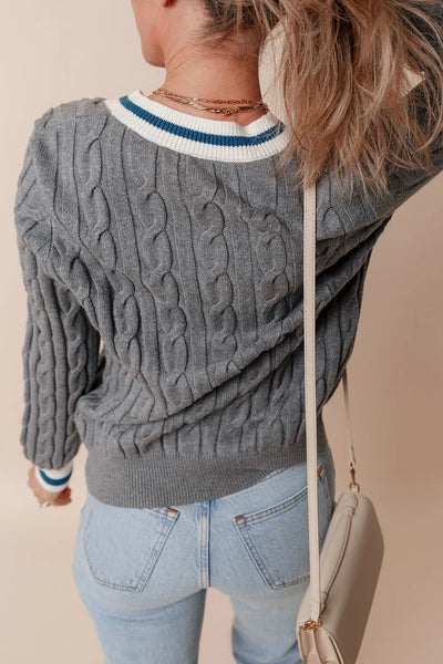 Cable-Knit V-Neck Long Sleeve Sweater