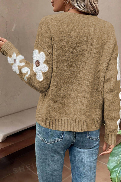 Flower Round Neck Long Sleeve Sweater