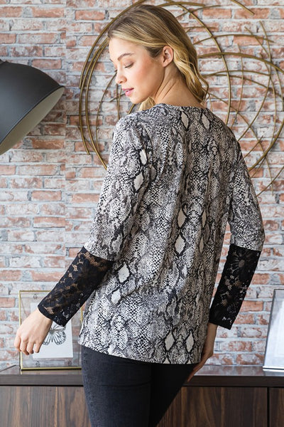 Snakeskin Print Round Neck Lace Contrast Top