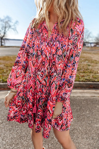 Tassel Printed Tie Neck Long Sleeve Dress