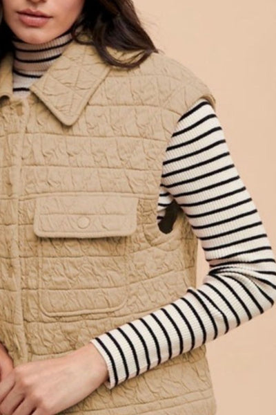 Wear Texture Quilted Snap Down Vest Coat