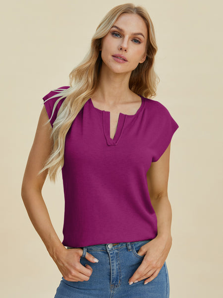 Notched Cap Sleeve Knit Top