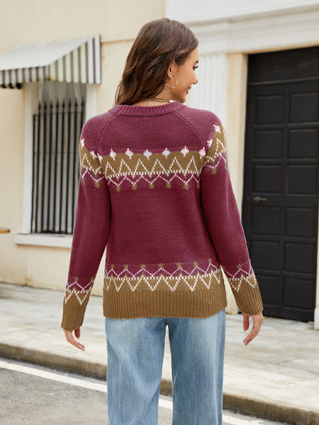 Contrast Round Neck Long Sleeve Sweater