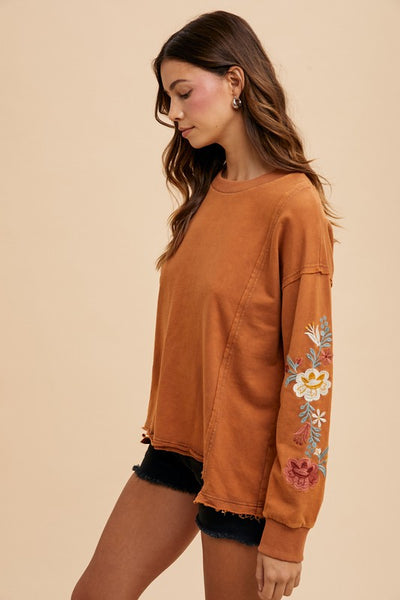 Embroidered Long Sleeve French Terry Top