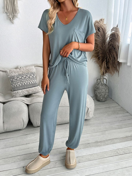 V-Neck Short Sleeve Top and Pants Set