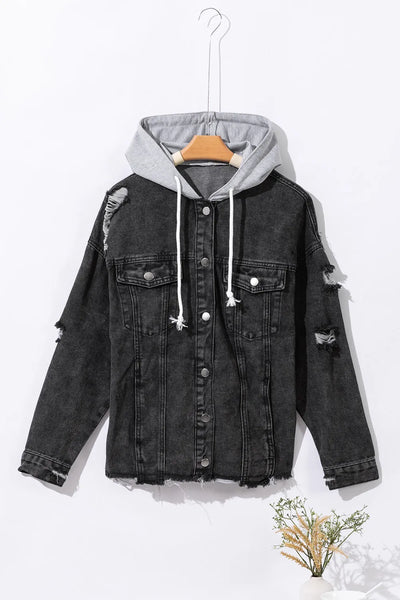 Distressed Drawstring Long Sleeve Hooded Denim Jacket