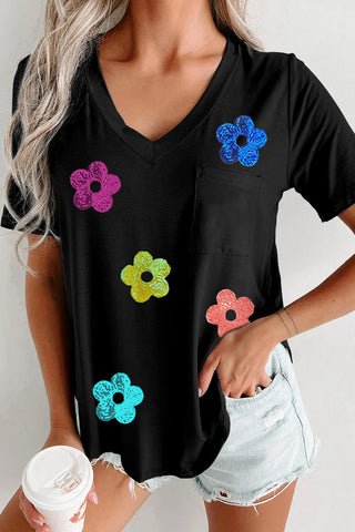 Sequin Flower V-Neck Short Sleeve T-Shirt
