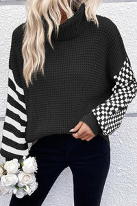 Checkered Striped Turtleneck Long Sleeve Sweater