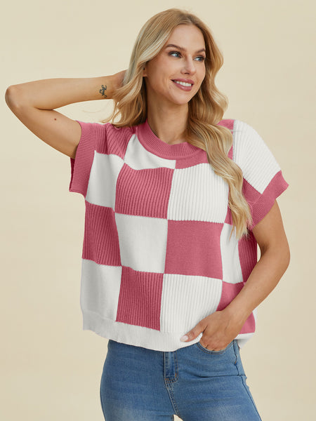 Checkered Round Neck Short Sleeve Sweater