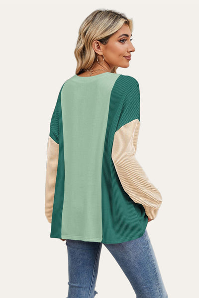 Texture Contrast Round Neck Long Sleeve T-Shirt