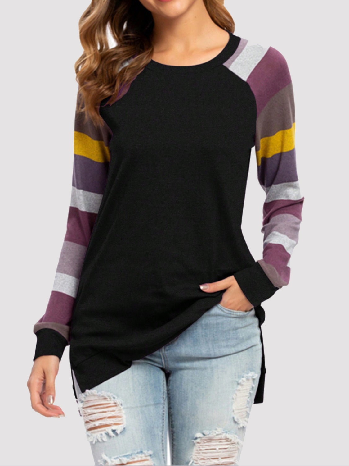 Color Block Round Neck Long Sleeve T-Shirt