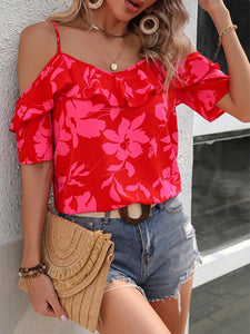 Ruffled Printed Short Sleeve Blouse