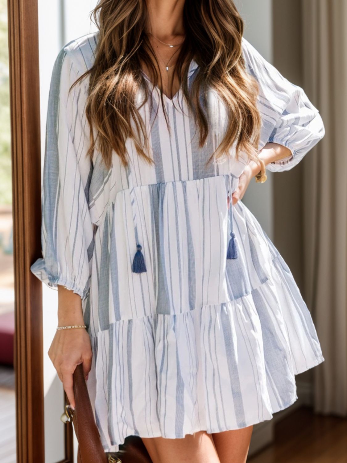 Tassel Striped Tie Neck Sleeve Dress