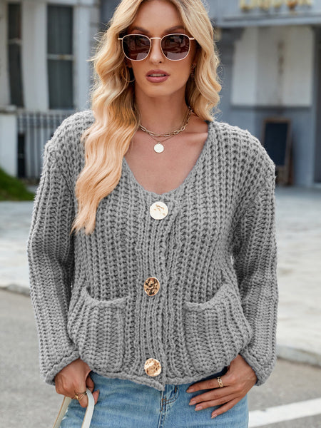 Round Neck Button Up Cardigan with Pockets