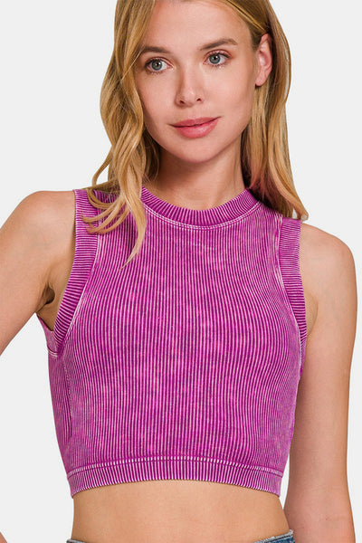 Washed Ribbed Seamless Crop Tank with Bra Pad