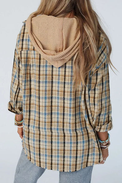 Drawstring Plaid Button Up Hooded Shacket