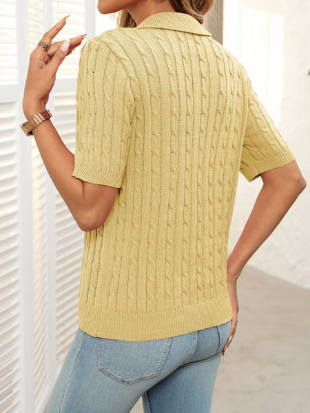 Cable Knit Johnny Collar Half Sleeve Sweater