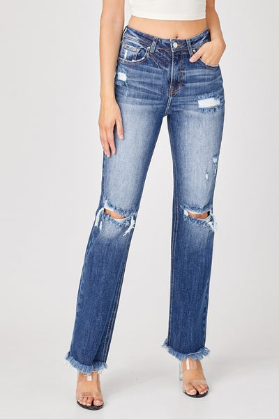 Raw Hem Distressed Straight Jeans