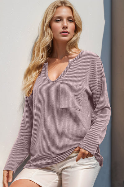 Striped Notched Long Sleeve T-Shirt