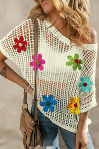 Flower Round Neck Half Sleeve Knit Cover Up