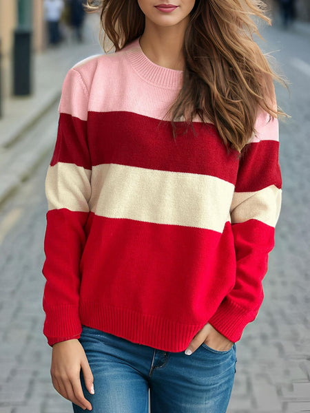 Color Block Round Neck Long Sleeve Sweater