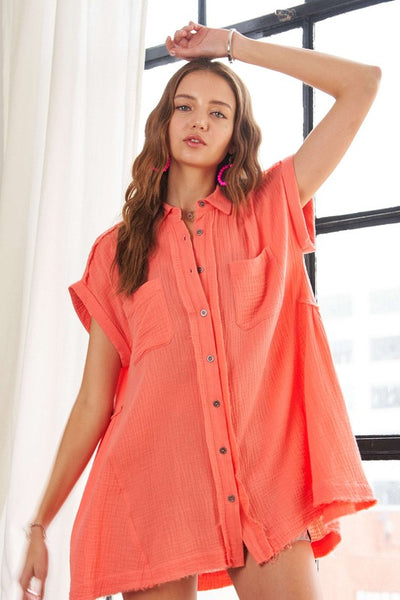 Raw Hem Collared Neck Button Down Shirt