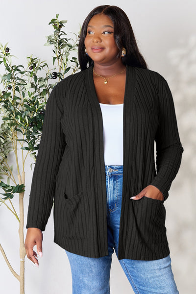 Full Size Ribbed Open Front Cardigan with Pockets