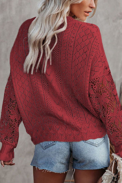 Openwork Round Neck Long Sleeve Sweater