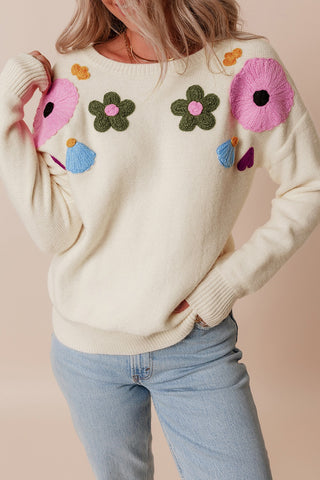 Crochet Flower Round Neck Dropped Shoulder Sweater